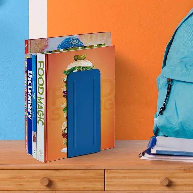 Acrimet Metal Bookends, Jumbo Size 9" H x 4" W x 4-1/2" D, Non-Skid Book Stand for Shelves, Heavy Duty Book Stopper, Deep Blue, 1 Pair