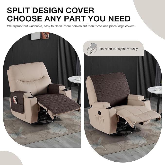 VANSOFY Recliner Chair Covers 100% Waterproof Seat Cover with Arm Reclining Cover Non-Slip Recliner Chair Covers Furniture Protector Washable Slipcover with Pocket for Pets, Dogs(Chocolate, 28")