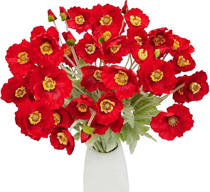 12PCS Red Poppy Flowers Artificial 23" Real Touch Stems Faux Poppies Silk Flowers for Home Decor Indoor (Red)