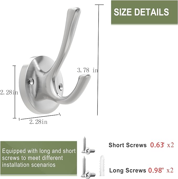 Brushed Nickel Wall Hooks Towel Hooks, 2 Pack Coat Robe Hook Heavy Duty Bathroom Double Hook Wall Mounted, Hand Towel Hooks for Closet Entryway Cubicle Kitchen