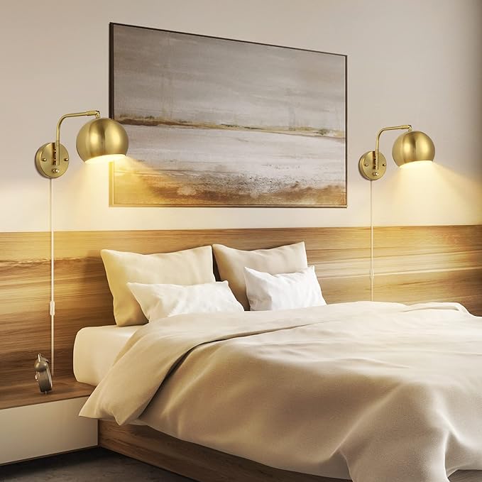 Plug in Dimmable Wall Sconce Swing Arm Wall Lights with Plug in Cord and Dimmer On/Off Knob Switch, Brushed Brass Globe Wall Light for Bedside Bedroom Bathroom(1 Bulb Included)