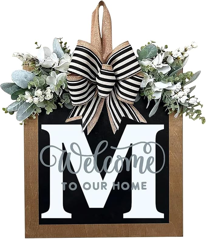 Last Name All Year Round Front Door Garland, Front Porch Decoration 26 Letter Welcome Garland and Eucalyptus and Bow Suitable for Spring Summer Winter Used for Front Door Hanging Garland (M)