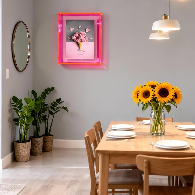 5x7 Acrylic Picture Frame Neon Floating Photo Frame for Wall Mount and Tabletop Decorative in Gallery Home Office, Neon Pink