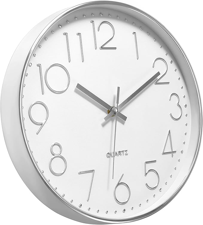 Foxtop Silver Wall Clock Silent Non-Ticking Battery Operated Round Modern Wall Clock for Office School Home Living Room Bedroom Bathroom Kitchen Decor 12 inch