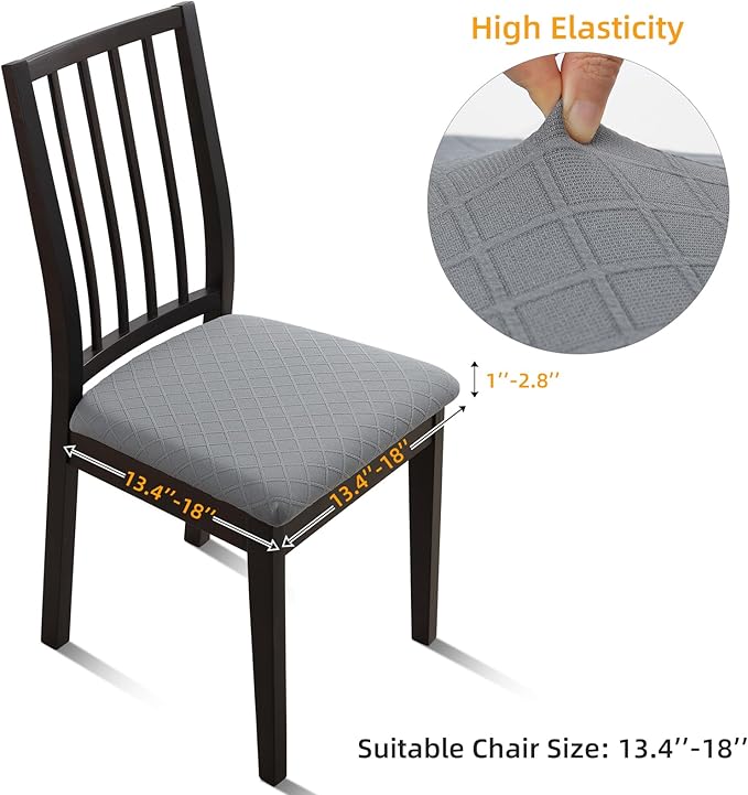 Fuloon Waterproof Seat Cushion Covers 6 PCS, Stretch Jacquard Chair Seat Covers Washable Dining Room Seat Slipcovers Removable Kitchen Chair Protector (6, Waterproof-Light Grey)
