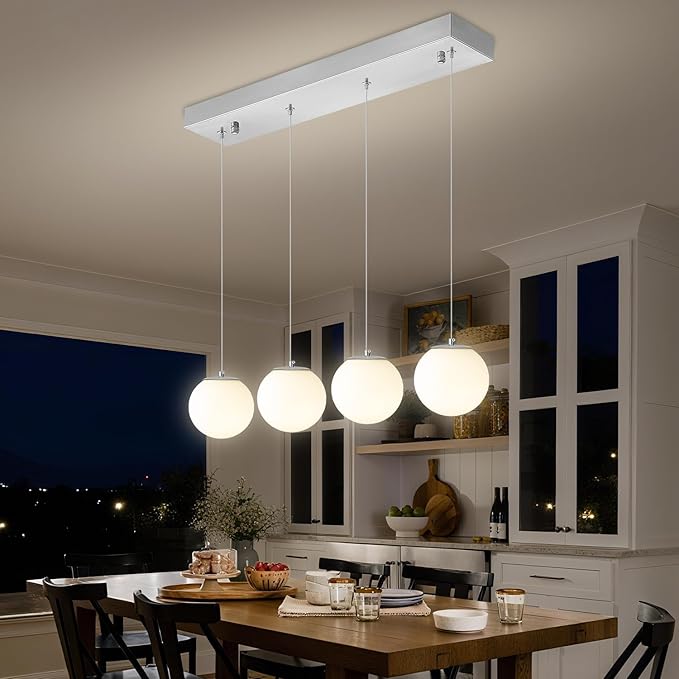 Modern Kitchen Island Lighting Linear Chandeliers for Dining Room 4-Light Glass Globe Hanging Pendant Light Rectangular Chandeliers for Living Room Hallway Bedroom