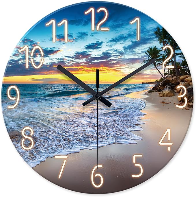 24 Inch Glass Large Wall Clocks for Living Room Decor Palm Tree Battery Wall Clock Modern Coastal Blue Wall Clock Silent