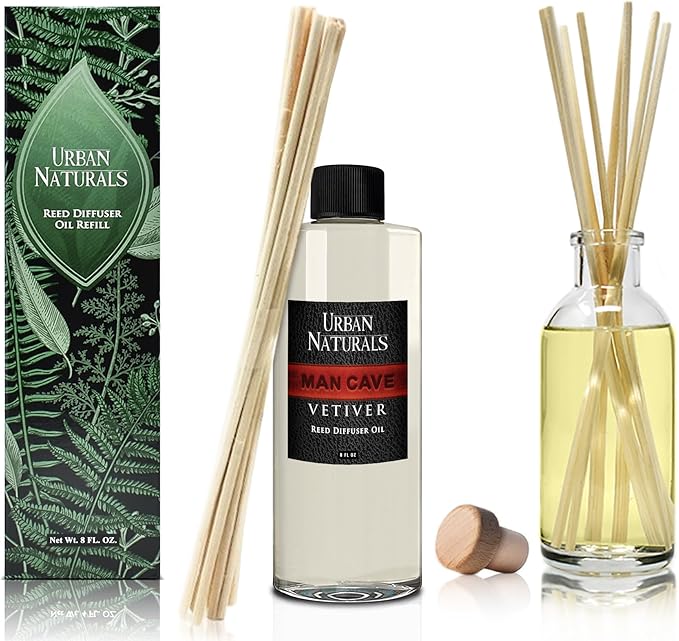 Urban Naturals Reed Diffuser Oil Refill Man Cave Vetiver with Oud, Amber, Frankincense 8 oz + Free Reed Sticks, Made in The USA