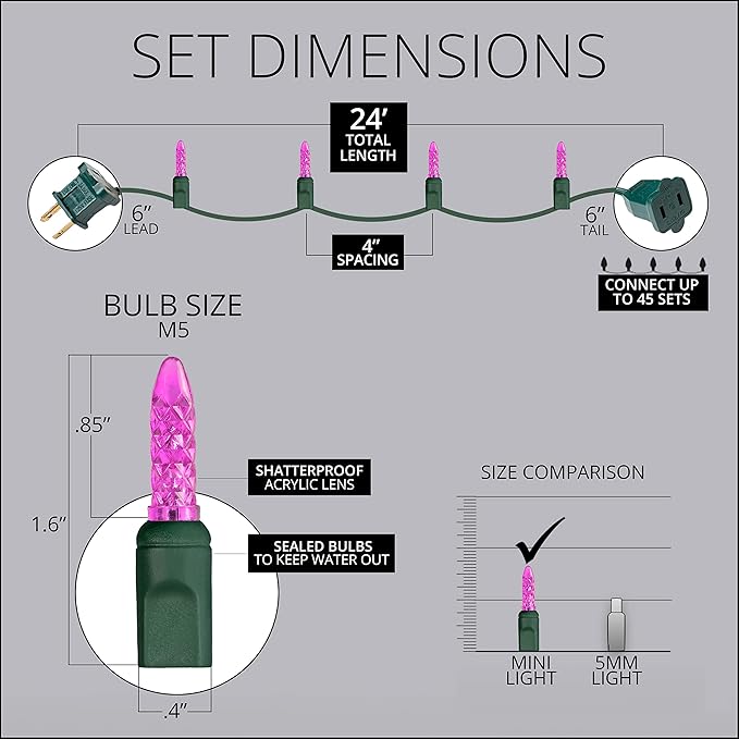 M5 LED Mini Ice Pink Prelamped Light Set, Green Wire - 70 M5 Pink LED Christmas Lights, 4" Spacing