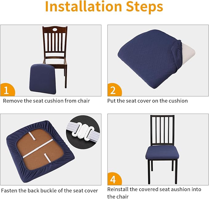 Fuloon Waterproof Seat Cushion Covers 6 PCS, Stretch Jacquard Chair Seat Covers Washable Dining Room Chair Slipcovers Removable Kitchen Cushion Protector (6, Waterproof-Navy Blue)