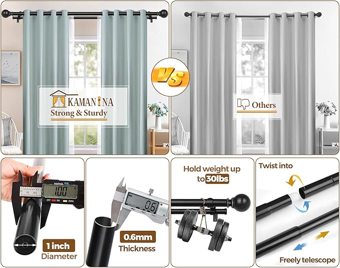 KAMANINA 1 Inch Black Double Curtain Rod 66 to 120(5.5-10Feet), Telescoping Splicing Drapery Rods for Windows 54 to 115 Inches, Window Curtain Rod with Round Finials