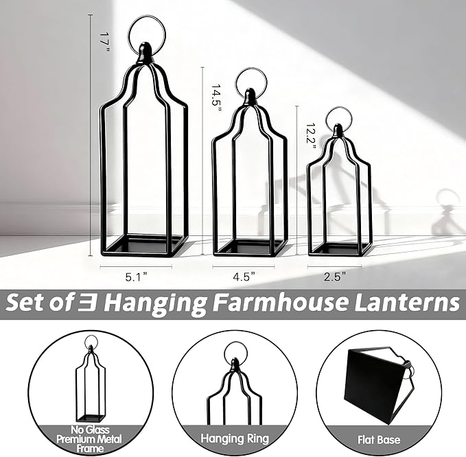 Rustic Farmhouse Decor Metal Lantern Set of 3 Decorative Lanterns for Home Indoor Outdoor Living Room, Fireplace, Patio, Wedding & Kitchen Table Centerpieces (Black, 16.9"+14.5"+12.2")