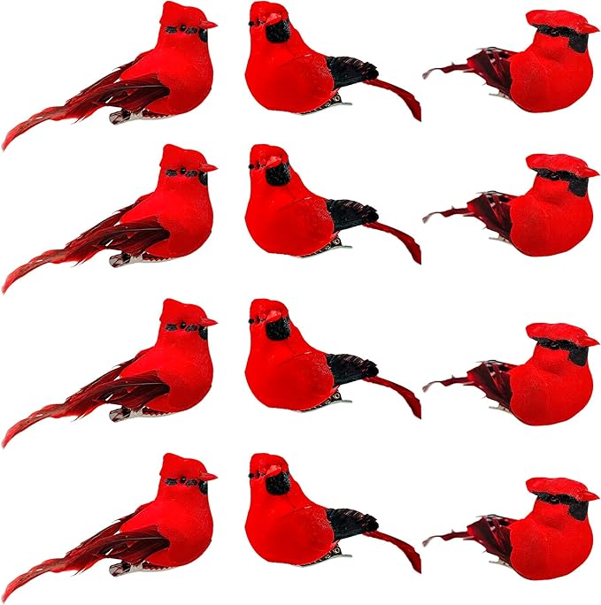 Berfutall-Cardinal Clip On Christmas Tree Ornament Decorations - Red Feathers Set of 12 Pieces Each is 2.8" Lon(C)…