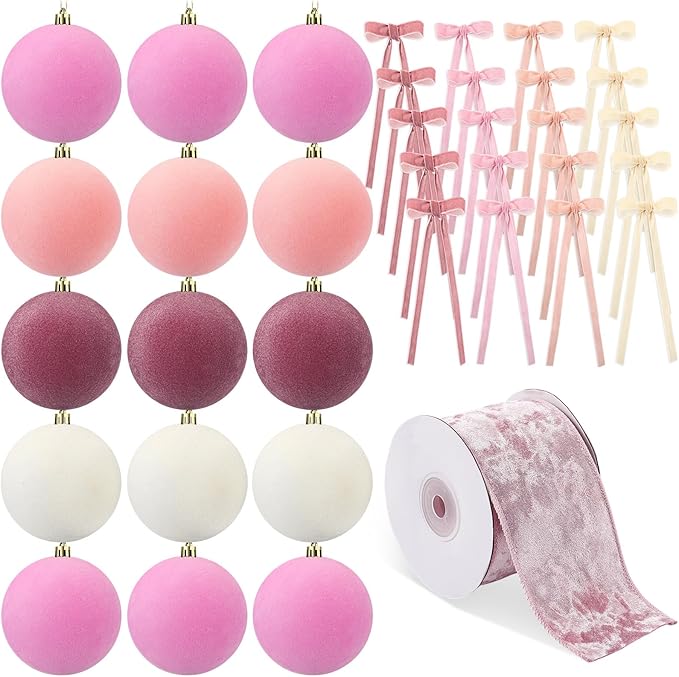 Syhood 46 Pcs Velvet Christmas Ornaments - 15 Pcs 3.15" Large Christmas Balls, 30 Flocked Bows, 1 Velvet Ribbon, Gradient Pink Xmas Tree Hanging Decorations for Vintage Xmas Holiday Decor