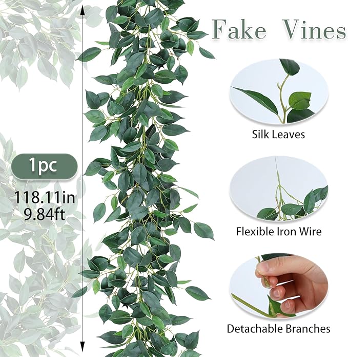 9.8ft Artificial Vines with Ultra-Dense Willow Leaves - Bendable Fake Vines Garland, Faux Italian Ruscus for Wedding Arches, Jungle Room & Indoor/Outdoor Decor