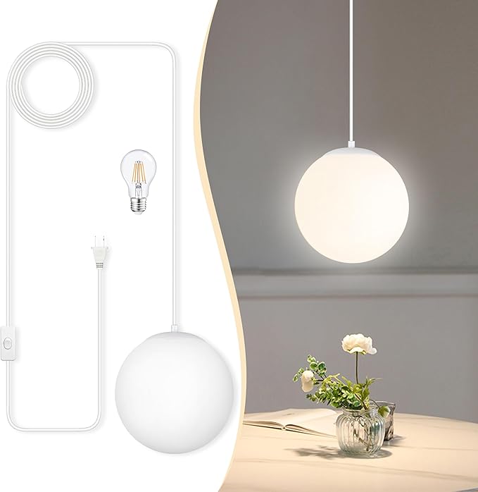 KoKo&Yukina 8" Globe Pendant Light White Plug in Pendant Light Adjustable Hanging Lights with Plug in Cord Matte White Finished with Milk Glass Lampshade for Bedroom Kitchen Island（Bulb Included）