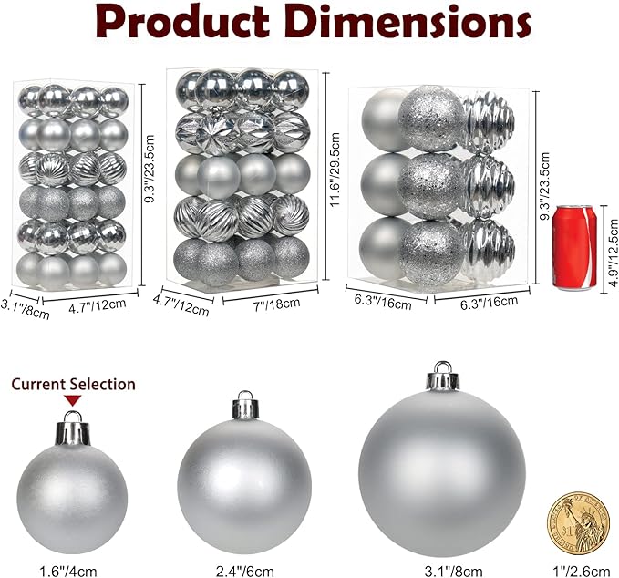 Hollyone 1.57" Silver Christmas Ornaments - 36 Pcs Mini Shatterproof Balls - Christmas Tree Decorations - Small Xmas Ornaments with Hanging Loop - Wedding, Party, Home Decor