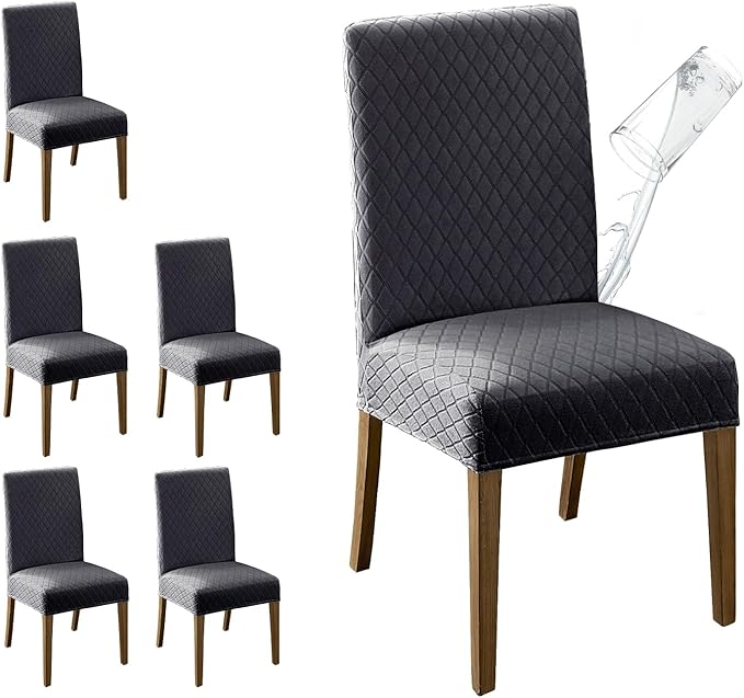MOSAYT 100% Waterproof Dining Room Chair Covers Set of 6, Super Fit Stretch Jacquard Parson Chairs Slipcovers Removable Washable Chair Seat Protectors for Home, Kitchen, Banquet (Dark Grey - XL)