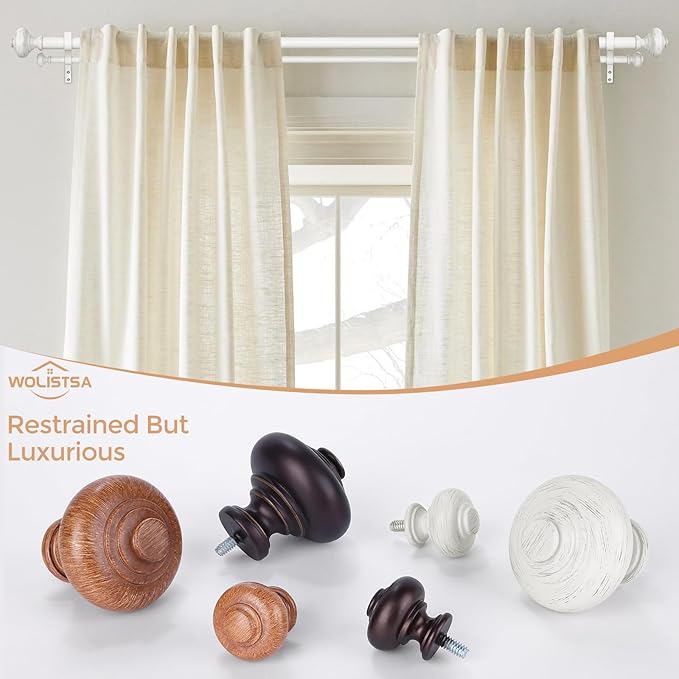 White Double Curtain Rods for Windows 36 to 72 inch, Farmhouse Vintage Decorative 1 Inch Adjustable Dual Curtain Rod, Heavy Duty Boho Double Drapery Pole with Antique White Grain Finials