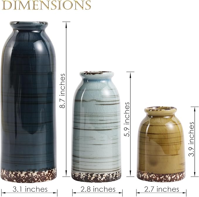 Ceramic Vase Set of 3 - Handcrafted Ceramic Vases for Home Decor & Shelf - Modern Farmhouse Decor for Kitchen, Office, Bedroom & Living Room Decorative Objects for Mantel, Table Centerpieces