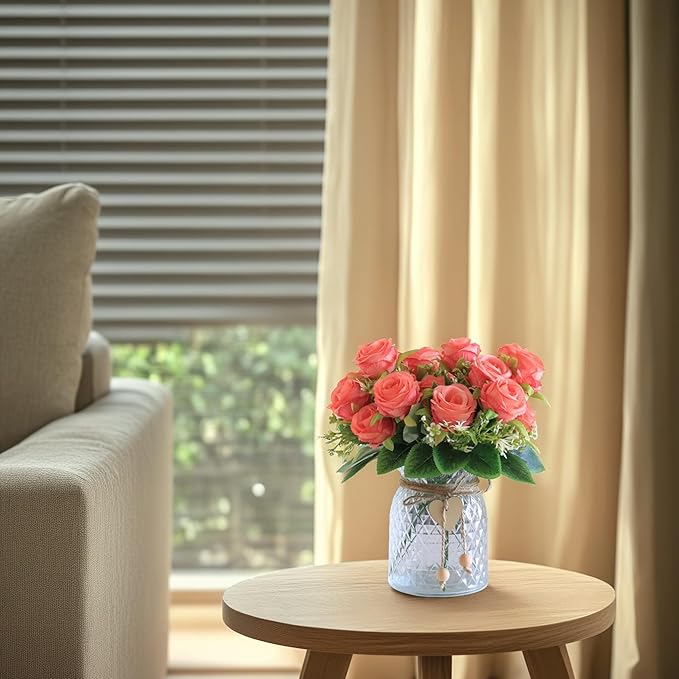 Faux Flowers in Vase,Fake Flowers in Vase 18 Pcs Faux Rose Flowers,Artificial Flowers for Home Decor, Indoor Centerpiece for Living Room & Dining Table (Pink)