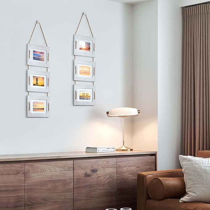 DLQuarts 5x7 Hanging Picture Frames Collage Wall Decor, 3-Frame Set, 3.5x5 with Mat or 5x7 Without Mat, Rustic Solid Wood Photo Frame Pack of 2 Vintage White