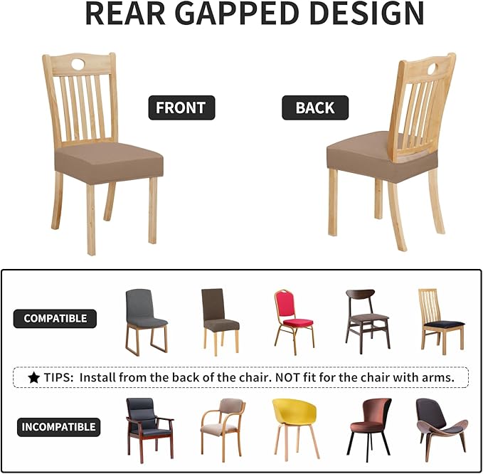 Easy-Going 100% Waterproof Seat Covers for Dining Room Chairs Set of 6, Stretch Chair Seat Slipcovers Protector Removable and Washable Kitchen Dining Chair Covers, Camel