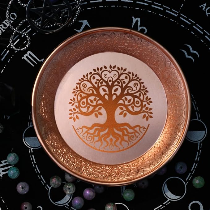 Copper Offering Ritual Bowl - Carving Tree of Life Brass Decorative Plate Great for use Witches,Smudging, Incense Burner Holder,Candle Dish, Ash Catcher,Jewelry Dish,Keys Basket