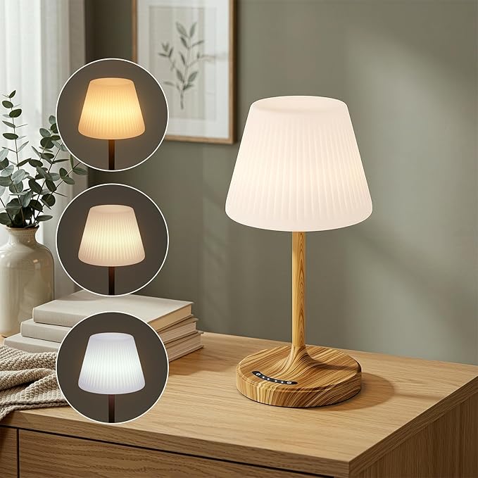 Cordless Table Lamp, Waterproof Shower Lamp, 4000mAh Rechargeable Table Lamps, 3-Color Dimmable Light, Battery Operated Lamp Desk Night Lamp for Bathroom Bedroom Patio Camping Restaurant (Wood Grain)