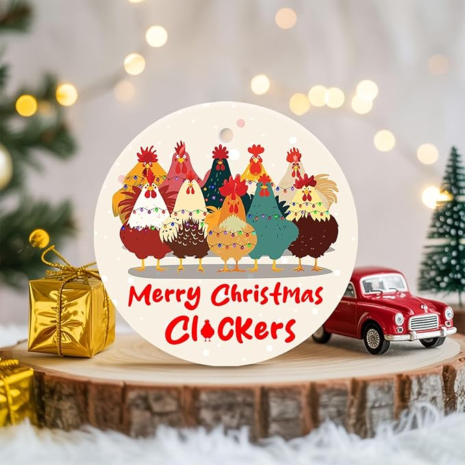 Funny Chicken Ornament 2025 – Ceramic Merry Christmas Flockers Xmas Hanging Farmhouse Hen Rooster Holiday Tree Decoration Gift