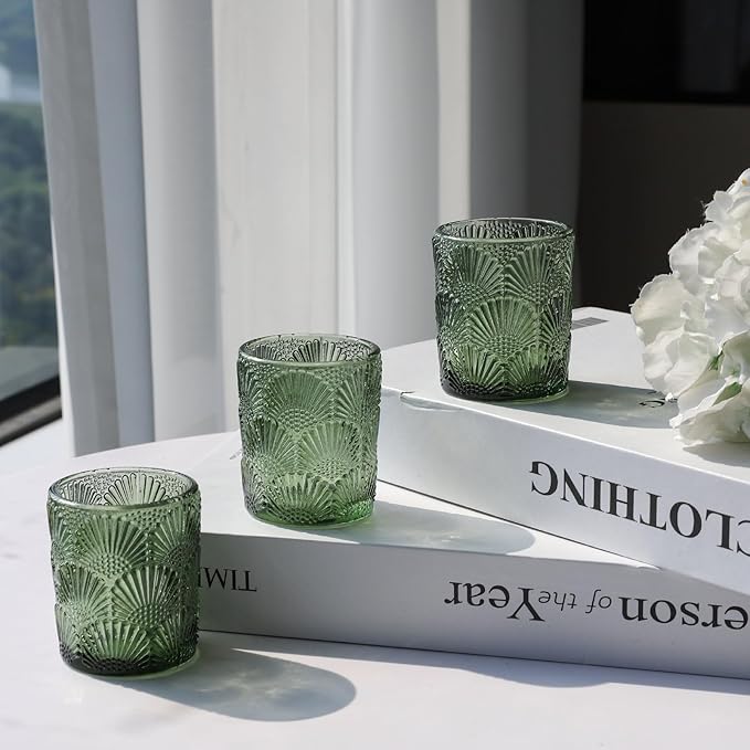 Woho Green Votive Candle Holders Set of 12, Green Glass Tealight Candle Holder for Wedding Party Table Centerpiece, Tea Lights Candle Holder Vintage for Fall Thanksgiving Christmas Decor
