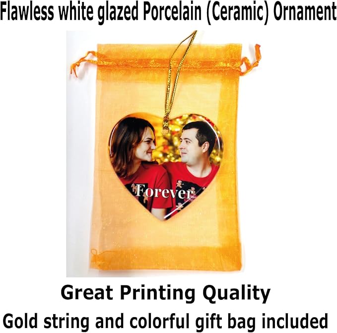 Personalized Ornament, Add Photo Text or Art Design and Make Your own Customized Porcelain Ceramic Ornament, Gold String and Gift Bag Included (Heart)