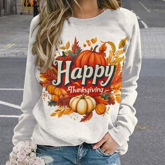 Thanksgiving Sweatshirt for Women Crewneck Pullover Casual Graphic Long Sleeve Shirts Sweater