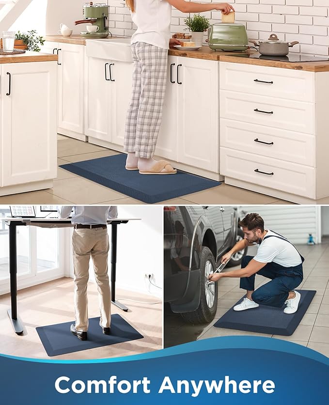 Ophanie Kitchen Mats for Floor, 3/4 inch Thick, 20x32 Anti Fatigue Cushioned Mat, Kitchen Rugs, Waterproof, Comfort Ergonomic Standing Mat for Office, Home, Sink, Blue Non-Slip Ridged Bottom