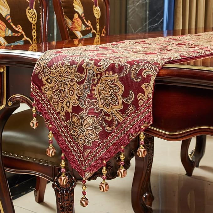 Luxury Vintage Table Runners 108 inches Long Embroidery Jacquard Fabric with Multi-Tassels Table Runners for Dining Room Dresser Wedding Christmas Thanksgiving Party Decorations (Red, 12X108inch)