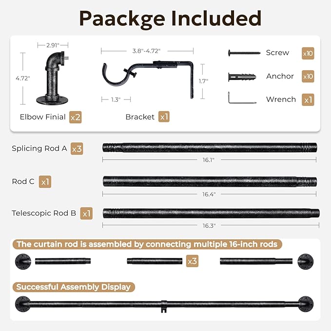 Zeerobee Curtain Rods for Windows 48 to 84, 1 Inch Industrial Wrap Around Vintage Black Curtain Rod, Indoor/Outdoor Room Divider Adjustable Drapery Pole, 48"-86"