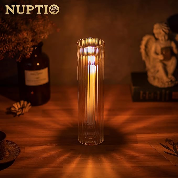 NUPTIO Fluted Candle Holder Set: Bulk Hurricane Candlestick Holders with Ribbed Glass Cylinder Sleeve - Set of 10 Tapere Candle Stick Stand for Fall Thanksgiving Christmas Decor