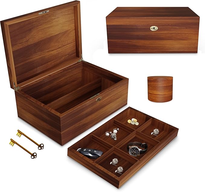 LUSH & STYLE Acacia Wooden Box, Keepsake With Hinged lid and locking key, Decorative, Memory, Wooden Storage Boxes, Customizable Design With Adjustable Tray,keepsake trunk(Divider Model) Large