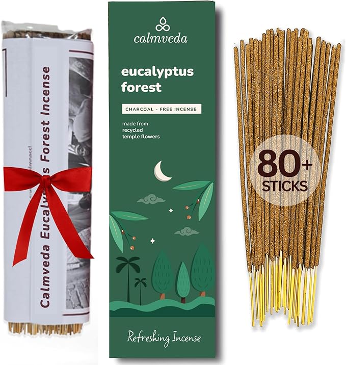 Forest Eucalyptus Incense Sticks - 80 Charcoal Free Incense Sticks, Made from Upcycled Flowers | Crisp, Refreshing Aroma of Rainforest, Transports You to Eucalyptus Forest