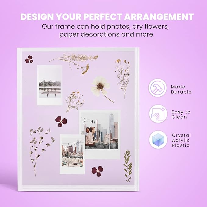 Elil Polaroid & Fujifilm Instax Frame – Clear Acrylic Floating Picture Frame 11.8" x 10.2" Holds 8x10 Photo or 12 Instax Mini Polaroid Go Prints Double-Sided Collage Display for Wedding & Graduation