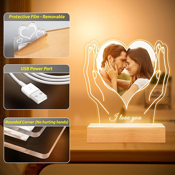 Personalized Picture Frame with Photo, Customized Photo Frame with Night Light, Custom Picture Frames, Personalized Anniversary Christmas Gifts for Women Men Her Him Girlfriend Boyfriend Couples