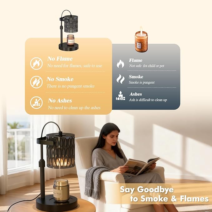 Candle Warmer Lamp with Adjustable Height & Timer - 4-Level Dimmable Wax Warmer for Jar Candles, Includes 2 Bulbs, Elegant Home Decor Gift