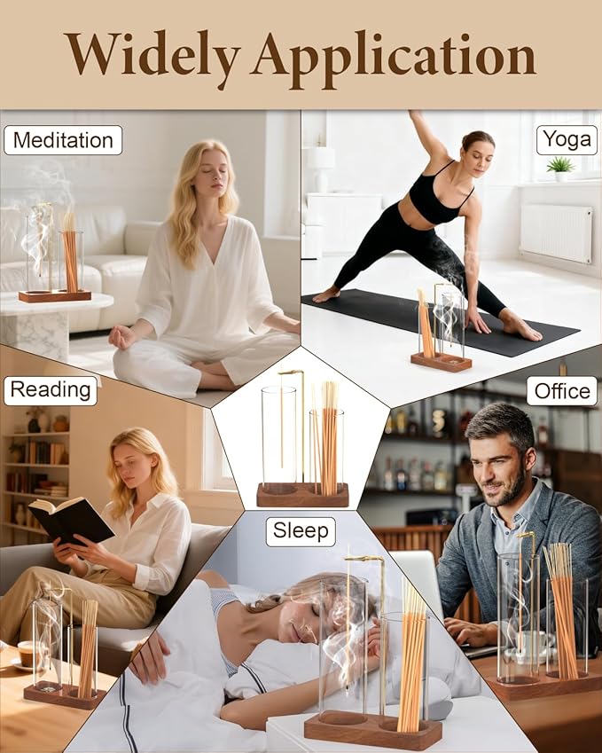 Incense Holder, Large 2 in 1 Incense Sticks Holder, Upside Down Wooden Incense Burner Holder with Glass Ash Catcher & Incense Storage for Meditation Yoga Spa Home Decor, with 20 Incense Sticks & Brush