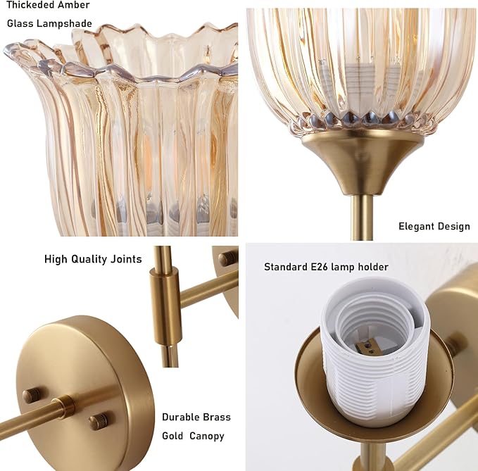 Gold Wall Sconce Set of 2 with Amber Glass Shades Modern Mid Century Bathroom Vanity Wall Light Fixtures Industrial Brushed Brass Wall Lamp for Bedroom Mirror Living Room Restaurant