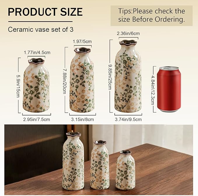 Ceramic Vase Set of 3, Vintage Green and Beige Vases Set for Home Decor, Chinoiserie Floral Decorative Vase for Living Room, Bookshelf, Office (5.9"+7.9"+9.8")