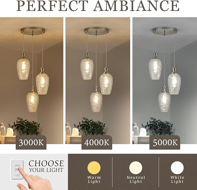 3-Light Pendant Lighting, Modern Brushed Nickel Dining Room Chandelier Light Fixture Over Table with Hammered Glass, Brass Cluster Hanging Lights for Kitchen Island Dining Room Bedroom, E26
