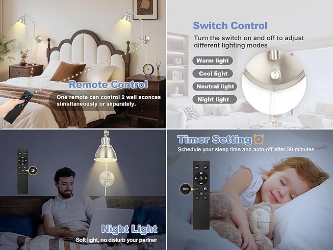 2 Pack Plug in Wall Sconces with Remote, Dimmable, Adjustable Colors, Swing Arm Wall Lamps, Wall Sconces Set of Two with Timer & Night Light, Plug-in or Hardwired (Brushed Nickel, With Bulbs+Remote)