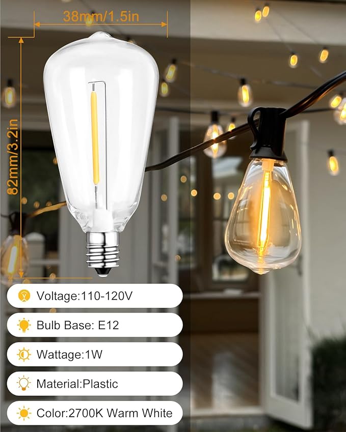 BRIMAX 10FT Outdoor String Lights with 10 Bulbs,ST38 1W Plastic LED Edison Bulbs, Shatterproof, Waterproof String Lights, Perfect for Bistro, Pergola, Backyard and Garden