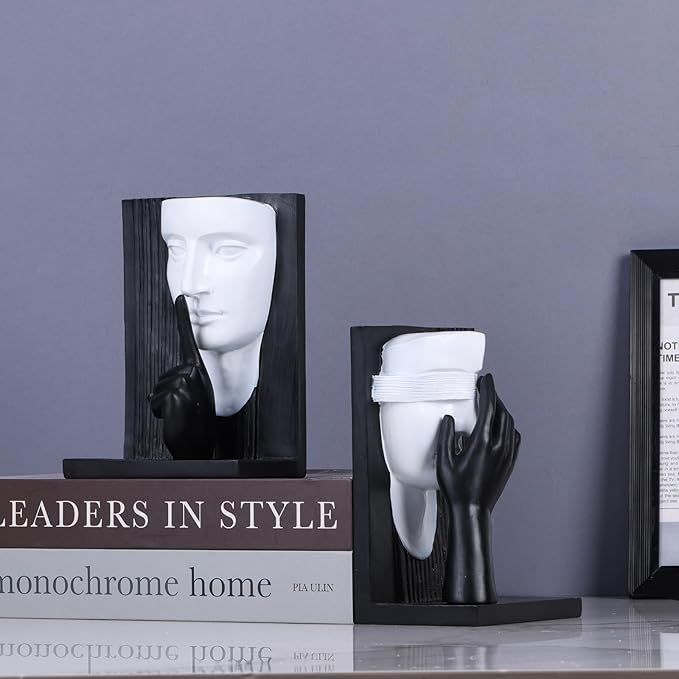 Abstract Face Sculpture Bookends Set of 2 – Modern Black and White Art Book Ends, Unique Decorative Statues for Bookshelf, Home Office & Library Decor (Black White)