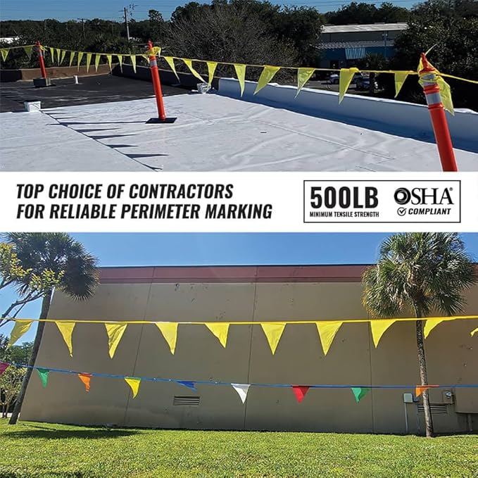 Pennant Flags - OSHA 500lb Rated Safety Rooftop Flagging Barrier Traffic - 105ft Strand Fade Resistant (Red/White, 12"x18"x105ft)